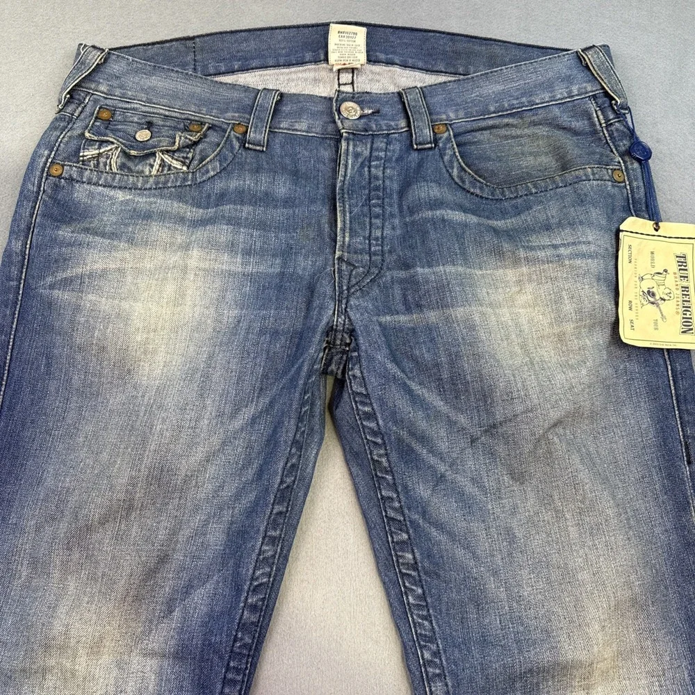 True Religion JEANS 36 Slim Fit Straight Blue Denim Flap Pockets Logo Button NWT